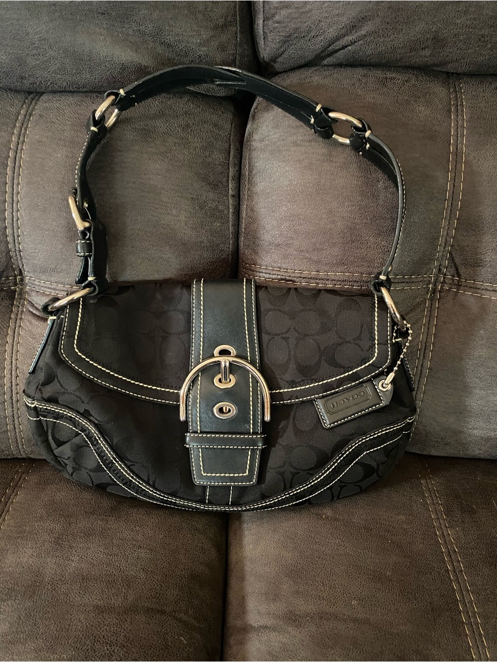 Coach Black Signature Canvas Shoulder Bag with Buckle Accent